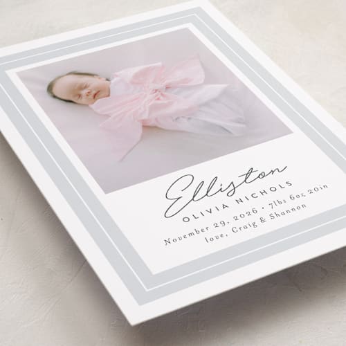 This is a cloud birth announcements with standard by Jessica Williams called serene printing on recycled smooth signature in standard