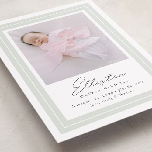 This is a sage birth announcements with standard by Jessica Williams called serene printing on recycled smooth signature in standard