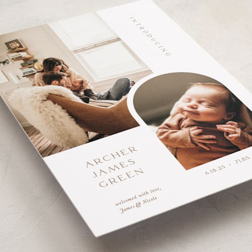 This is a cotton birth announcements with standard by Robin Ott called modern inset printing on smooth signature in standard