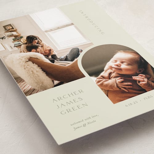 This is a olive birth announcements with standard by Robin Ott called modern inset printing on recycled smooth signature in standard