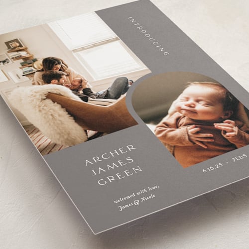 This is a stone birth announcements with standard by Robin Ott called modern inset printing on recycled smooth signature in standard