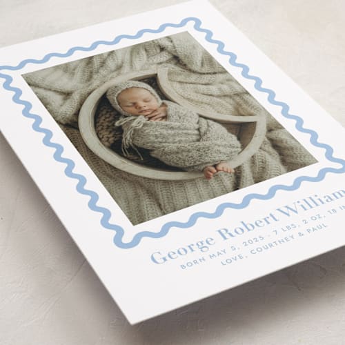 This is a bluebell birth announcements with standard by Megan Davis called ric rac printing on smooth signature in standard