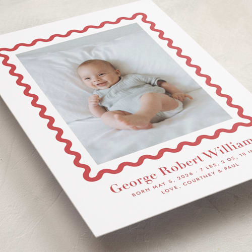 This is a cinnabar birth announcements with standard by Megan Davis called ric rac printing on recycled smooth signature in standard