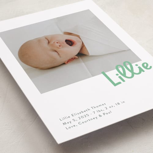 This is a clover birth announcements with standard by Megan Davis called jolly good printing on smooth signature in standard