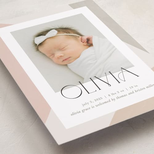 This is a sherbet birth announcements with standard by Pixel and Hank called artful printing on smooth signature in standard