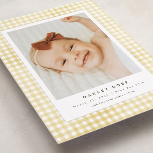 This is a marigold birth announcements with standard by Jessie Steury called gingham printing on smooth signature in standard