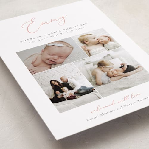 This is a blush birth announcements with standard by Sarah Brown called namely printing on smooth signature in standard