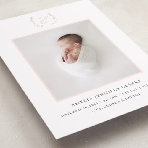 This is a peony birth announcements with standard by Vanessa Doyle called monogram laurel printing on smooth signature in standard