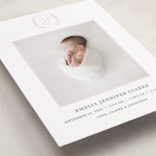 This is a plum birth announcements with standard by Vanessa Doyle called monogram laurel printing on smooth signature in standard