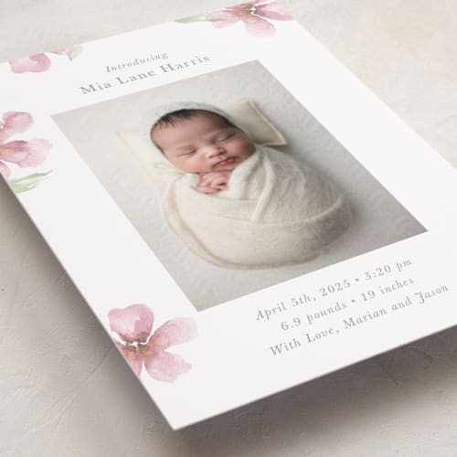 This is a petals birth announcements with standard by Melinda Denison called flower petals printing on smooth signature in standard
