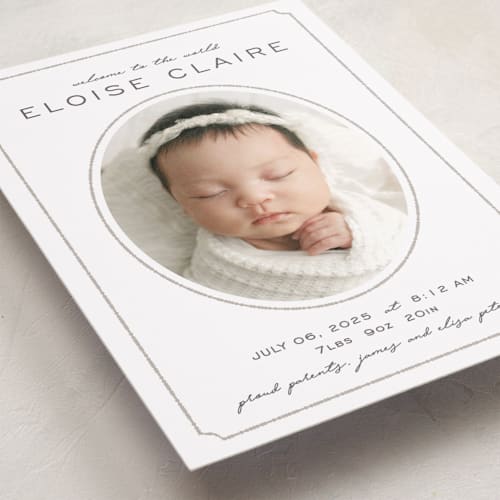 This is a mist birth announcements with standard by Melissa Egan of Pistols called prim printing on recycled smooth signature in standard