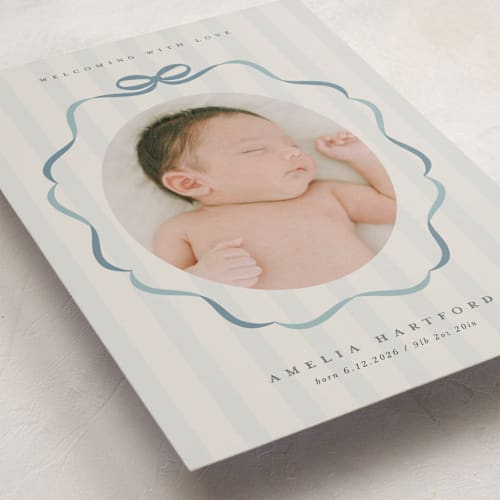 This is a lagoon birth announcements with standard by Lori Wemple called bows and stripes printing on smooth signature in standard