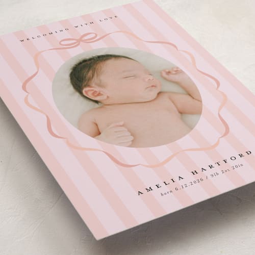 This is a peach birth announcements with standard by Lori Wemple called bows and stripes printing on recycled smooth signature in standard