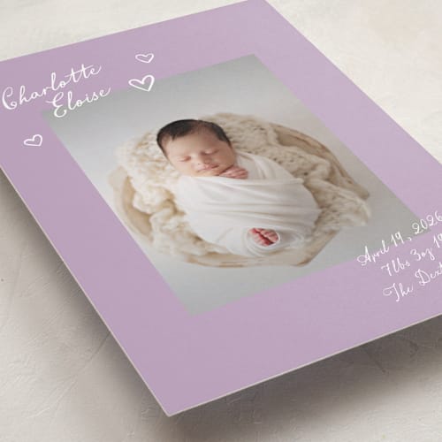 This is a plum birth announcements with standard by Pixel and Hank called written printing on smooth signature in standard