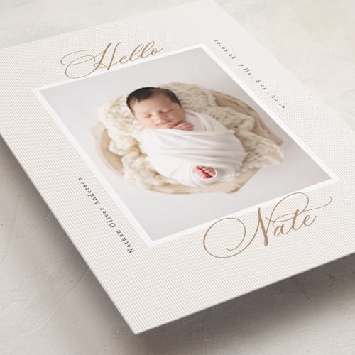 This is a sand birth announcements with standard by Gwen Bedat called sweet stripes printing on smooth signature in standard
