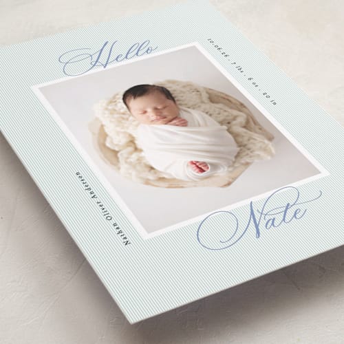 This is a powder birth announcements with standard by Gwen Bedat called sweet stripes printing on recycled smooth signature in standard
