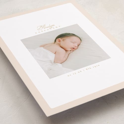 This is a peachy birth announcements with standard by Phrosné Barwood called soft frame printing on smooth signature in standard