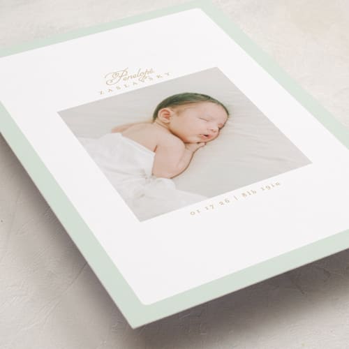 This is a minty birth announcements with standard by Phrosné Barwood called soft frame printing on recycled smooth signature in standard