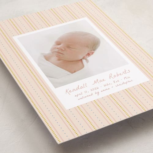 This is a blush birth announcements with standard by Ellen Schlegelmilch called patterned stripes printing on smooth signature in standard