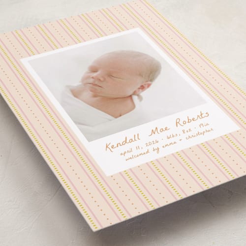 This is a peach birth announcements with standard by Ellen Schlegelmilch called patterned stripes printing on recycled smooth signature in standard