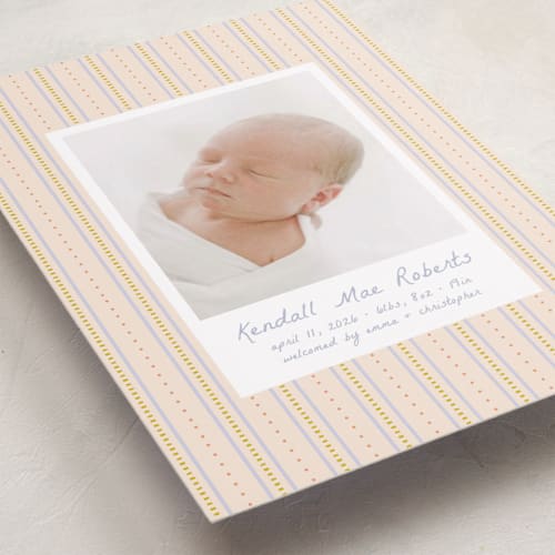 This is a periwinkle birth announcements with standard by Ellen Schlegelmilch called patterned stripes printing on smooth signature in standard