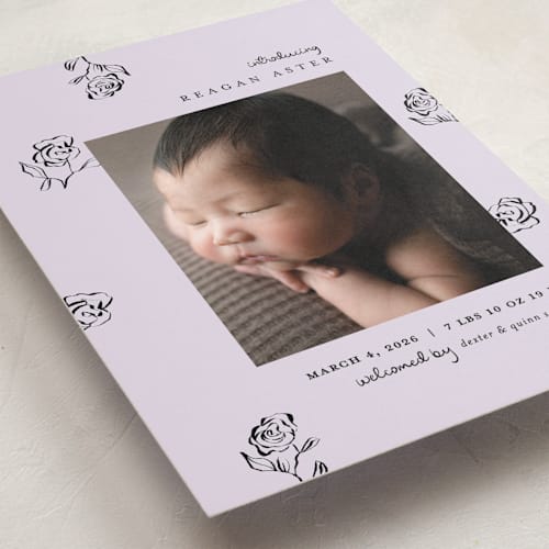 This is a grape birth announcements with standard by Pixel and Hank called the flora printing on smooth signature in standard