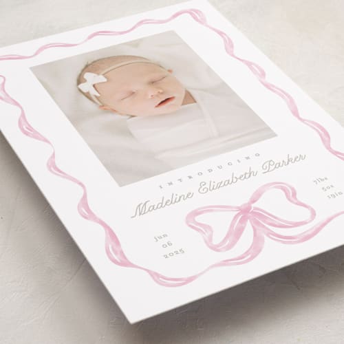 This is a peony birth announcements with standard by Creo Study called squiggle bow printing on smooth signature in standard