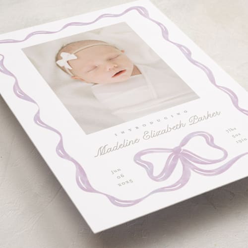 This is a acai birth announcements with standard by Creo Study called squiggle bow printing on smooth signature in standard