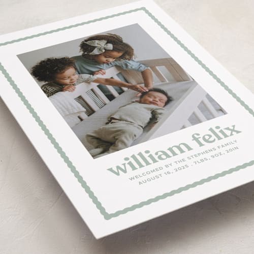 This is a basil birth announcements with standard by Lea Delaveris called first impression printing on recycled smooth signature in standard