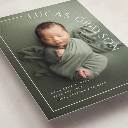 This is a snow birth announcements with standard by Lauren Chism called take shape printing on smooth signature in standard