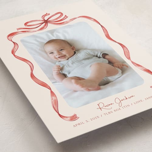 This is a cherry birth announcements with standard by Paper Sun Studio called tied together printing on recycled smooth signature in standard