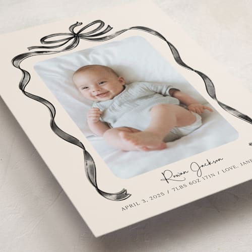 This is a espresso birth announcements with standard by Paper Sun Studio called tied together printing on smooth signature in standard