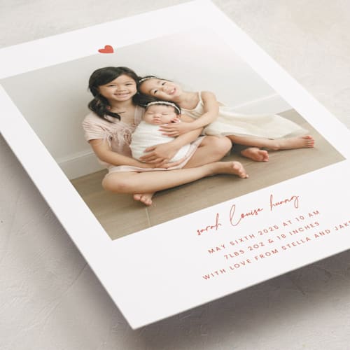 This is a terracotta birth announcements with standard by Blustery August called camellia printing on recycled smooth signature in standard