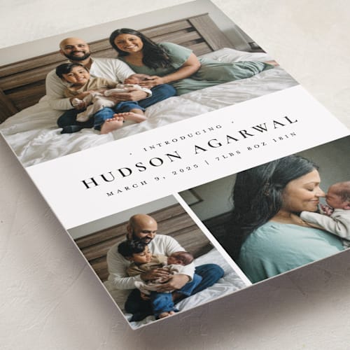 This is a noir birth announcements with standard by Wildfield Paper Co called quartzite printing on smooth signature in standard
