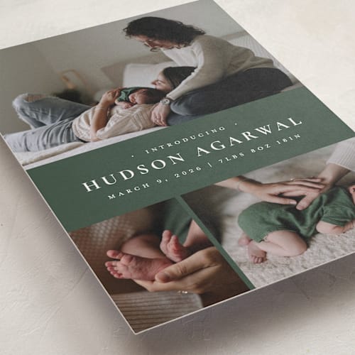 This is a eucalyptus birth announcements with standard by Wildfield Paper Co called quartzite printing on recycled smooth signature in standard