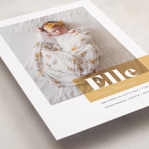 This is a marigold birth announcements with standard by Maria Hilas-Louie called magazine block printing on smooth signature in standard
