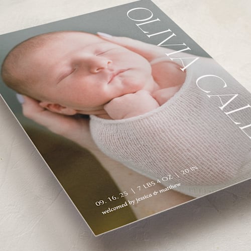 This is a snow birth announcements with standard by Elan Studio called newest addition printing on smooth signature in standard