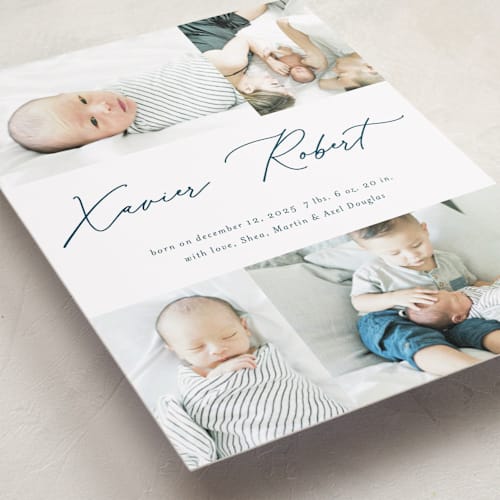 This is a lake birth announcements with standard by Stacey Meacham called modern scribe printing on smooth signature in standard