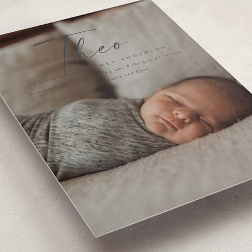 This is a slate birth announcements with standard by Kasia Labocki called complete printing on smooth signature in standard