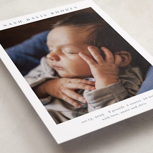 This is a cobalt birth announcements with standard by Stacey Meacham called simple name printing on recycled smooth signature in standard