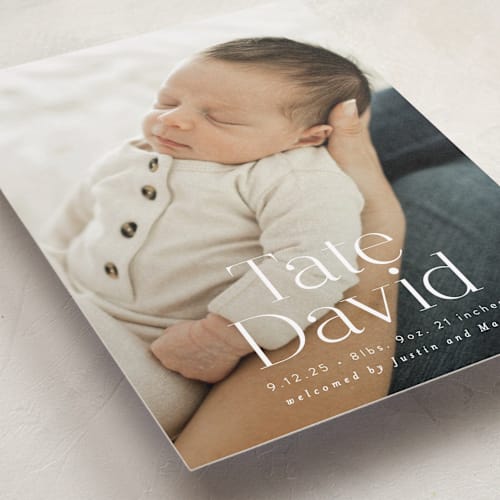 This is a cloud birth announcements with standard by Alethea and Ruth called stacked name printing on smooth signature in standard