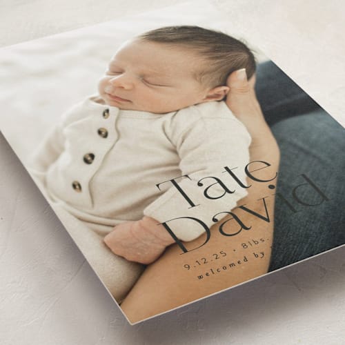 This is a ebony birth announcements with standard by Alethea and Ruth called stacked name printing on recycled smooth signature in standard