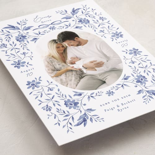 This is a bluebird birth announcements with standard by Susan Zinader called daisy toile printing on smooth signature in standard