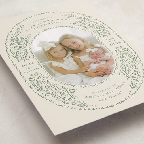 This is a sage birth announcements with standard by Anastasia Makarova called bunnies and flowers printing on smooth signature in standard