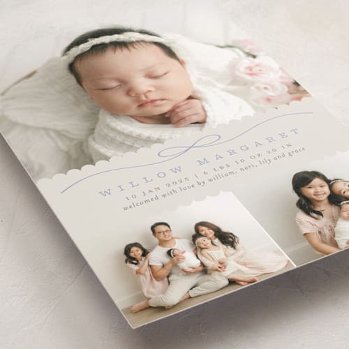 This is a periwinkle birth announcements with standard by Laura Hankins called scallops printing on smooth signature in standard