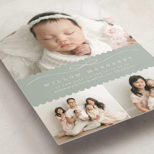 This is a fog birth announcements with standard by Laura Hankins called scallops printing on recycled smooth signature in standard