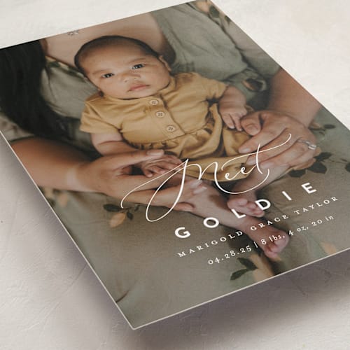 This is a linen birth announcements with standard by Erica Krystek called modern meet printing on smooth signature in standard