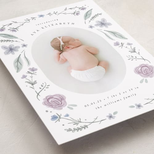 This is a lavender birth announcements with standard by Emily Sabol Goss called le jardin printing on smooth signature in standard