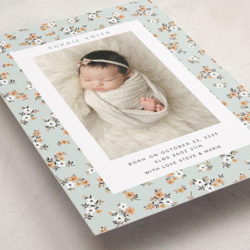 This is a mojito birth announcements with standard by Sherley Ferreira called spring gardens printing on smooth signature in standard