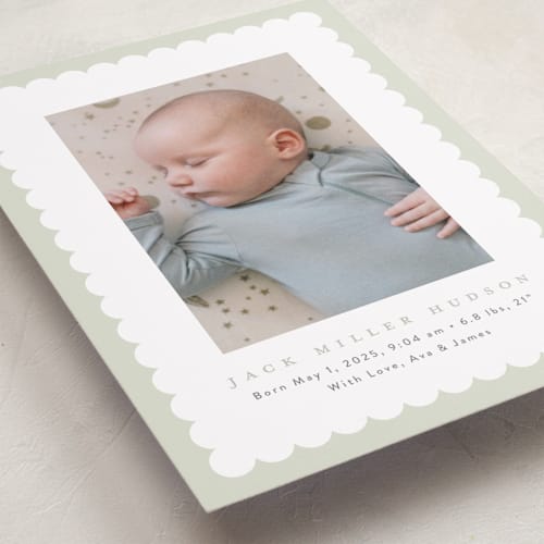 This is a moss birth announcements with standard by Nicoletta Savod called charmed printing on recycled smooth signature in standard